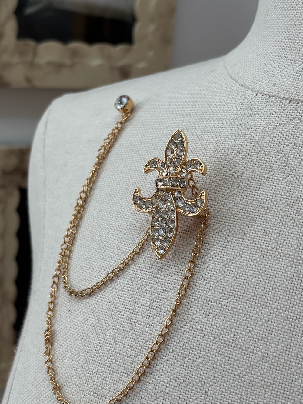 Gold Tone Fleur De Lis Lapel Pin with Rhinestone Accents - Picture 2 of 3